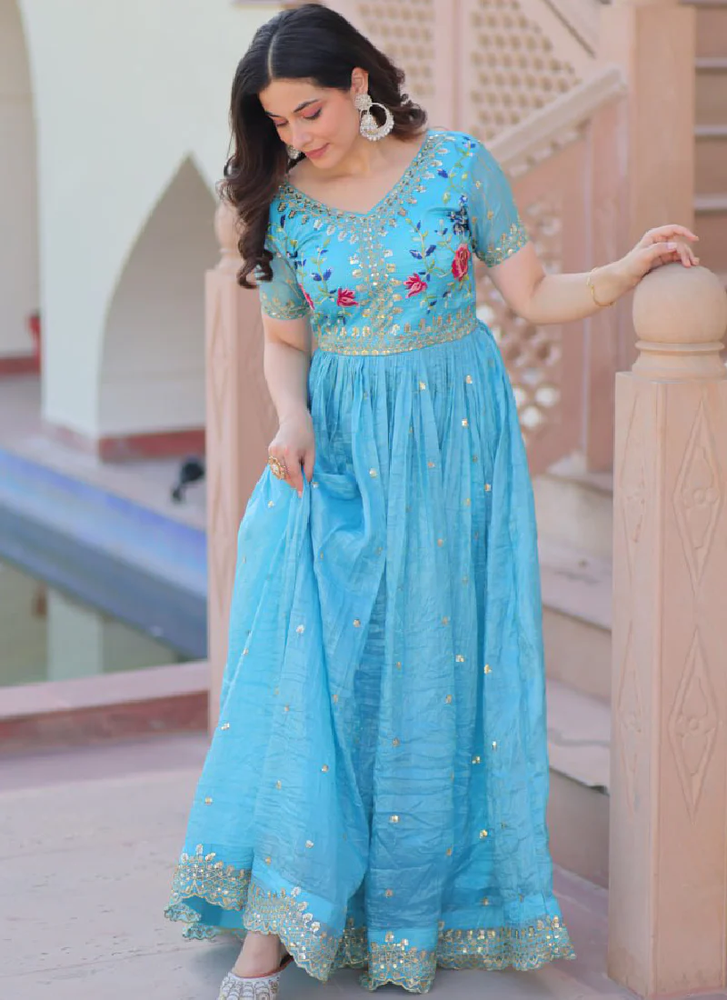 Captivating Tissue Silk Multi Thread Embroidery Work Sky Blue Gown - Image 8