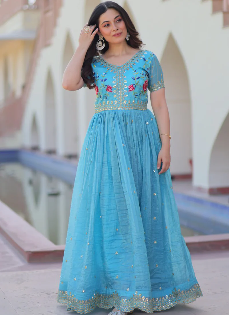Captivating Tissue Silk Multi Thread Embroidery Work Sky Blue Gown - Image 9