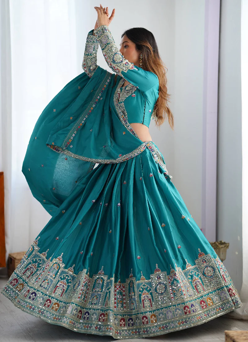 Ceremonial Wear Embroidered Silk Lehenga Choli In Rama Green Color - Image 3