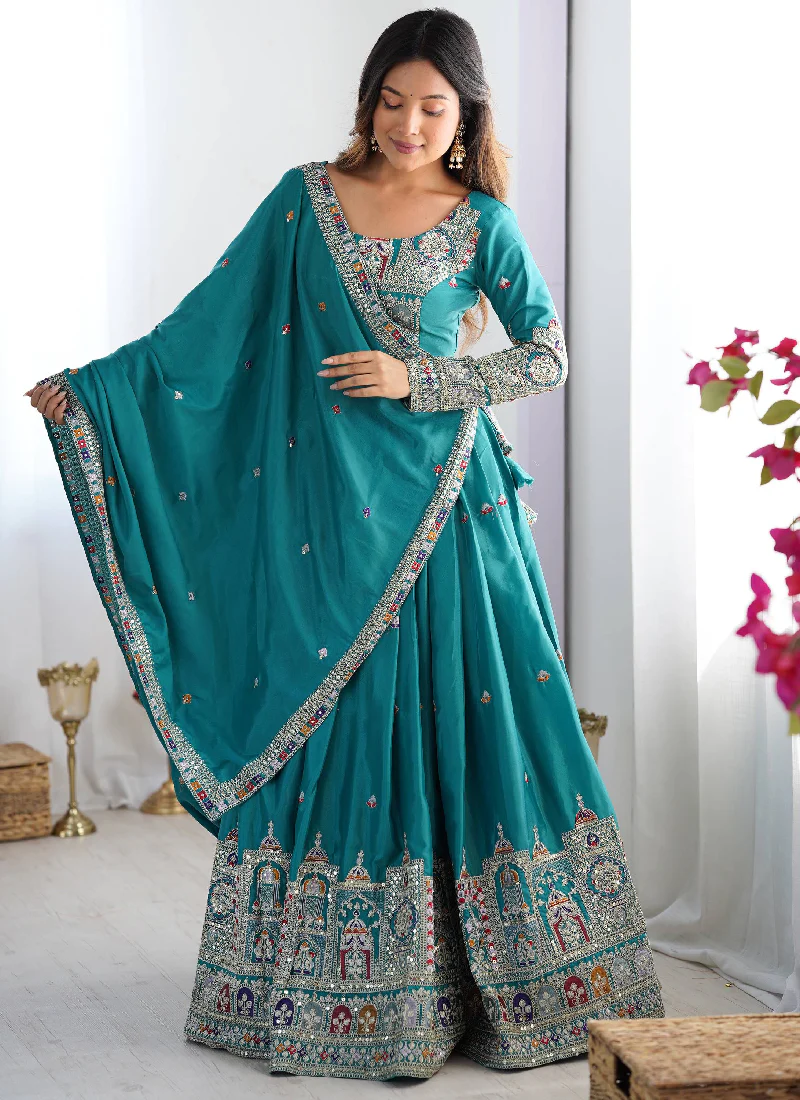 Ceremonial Wear Embroidered Silk Lehenga Choli In Rama Green Color - Image 4