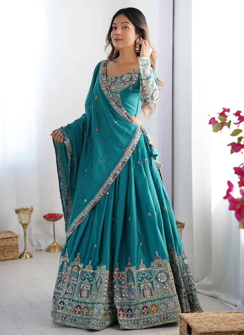 Ceremonial Wear Embroidered Silk Lehenga Choli In Rama Green Color - Image 5