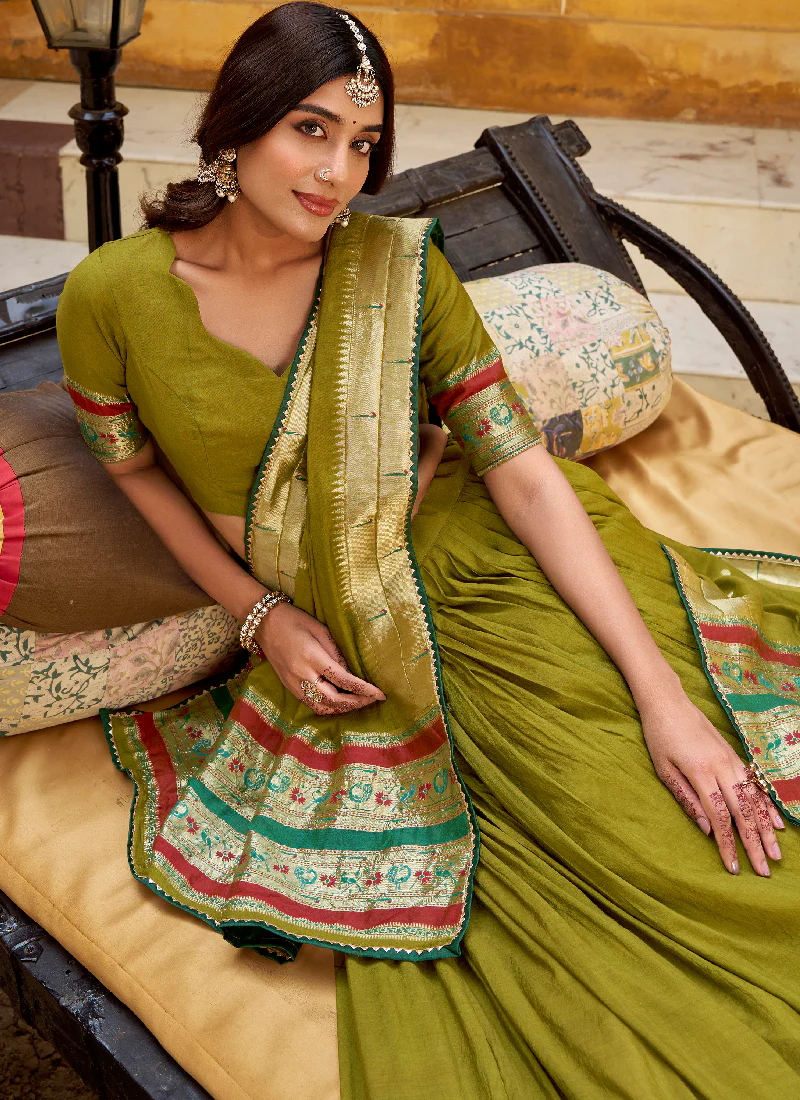 Chanderi Zari Weaving Work Mehendi Green South Indian Lehenga Choli - Image 2