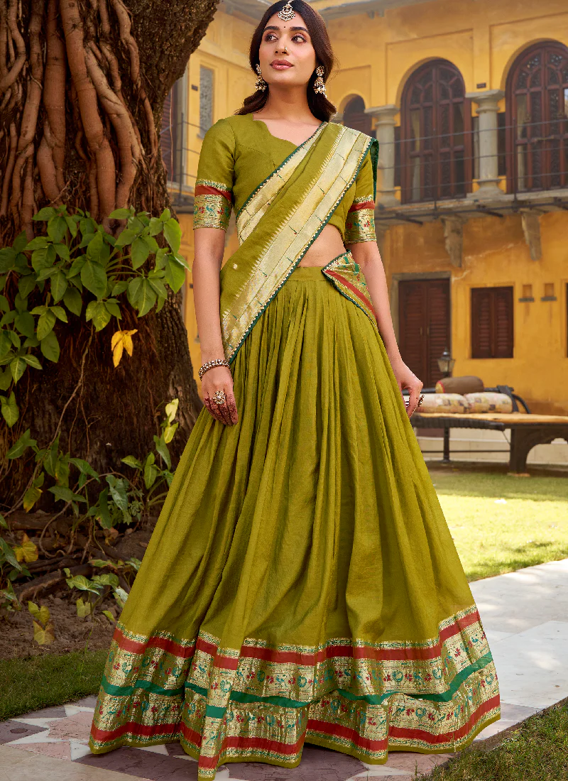 Chanderi Zari Weaving Work Mehendi Green South Indian Lehenga Choli - Image 3