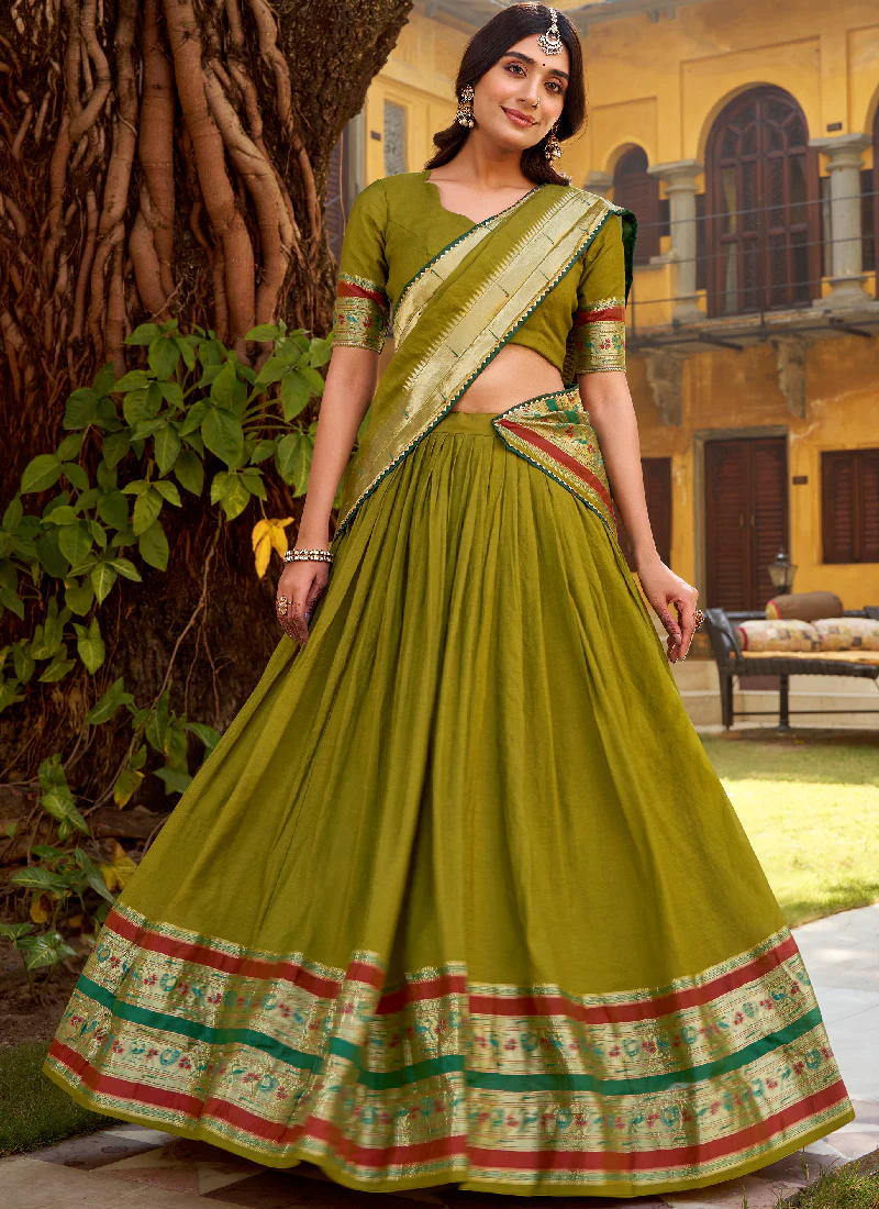Chanderi Zari Weaving Work Mehendi Green South Indian Lehenga Choli - Image 4