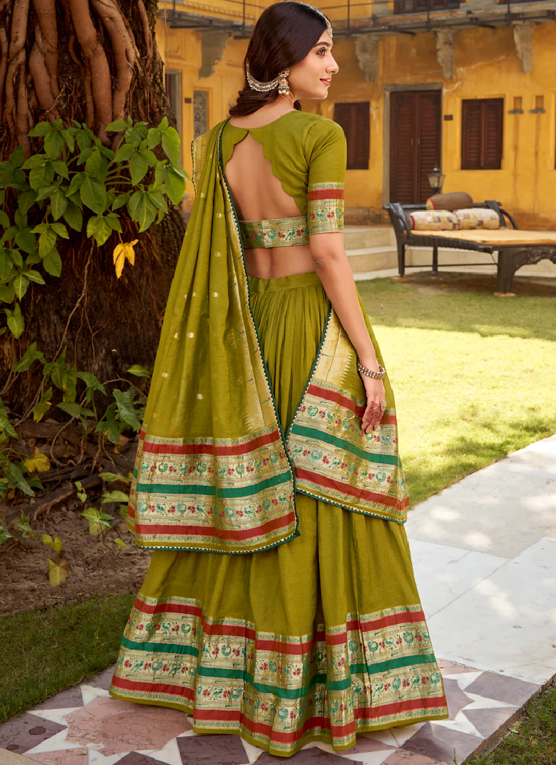 Chanderi Zari Weaving Work Mehendi Green South Indian Lehenga Choli - Image 6