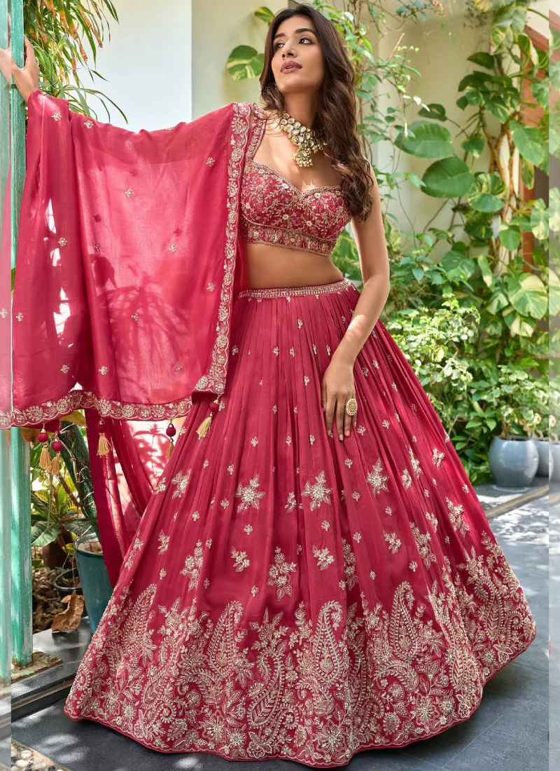 Charismatic Coding Embroidered Deep Pink Chinon Silk Lehenga Choli Set