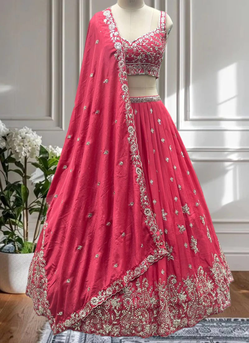 Charismatic Coding Embroidered Deep Pink Chinon Silk Lehenga Choli Set - Image 4