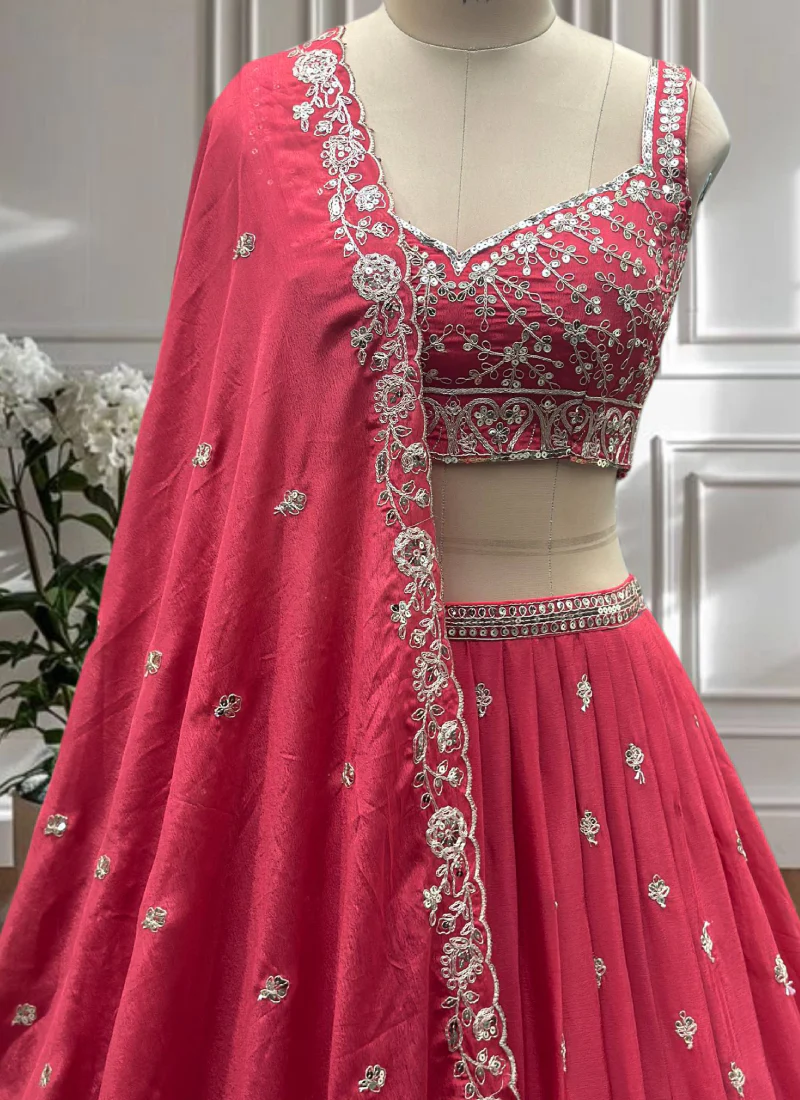 Charismatic Coding Embroidered Deep Pink Chinon Silk Lehenga Choli Set - Image 5