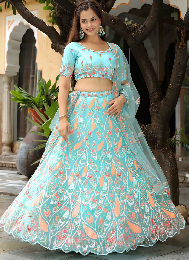 Charismatic Thread Embroidered Net Sky Blue Lehenga Choli For Women - Image 5