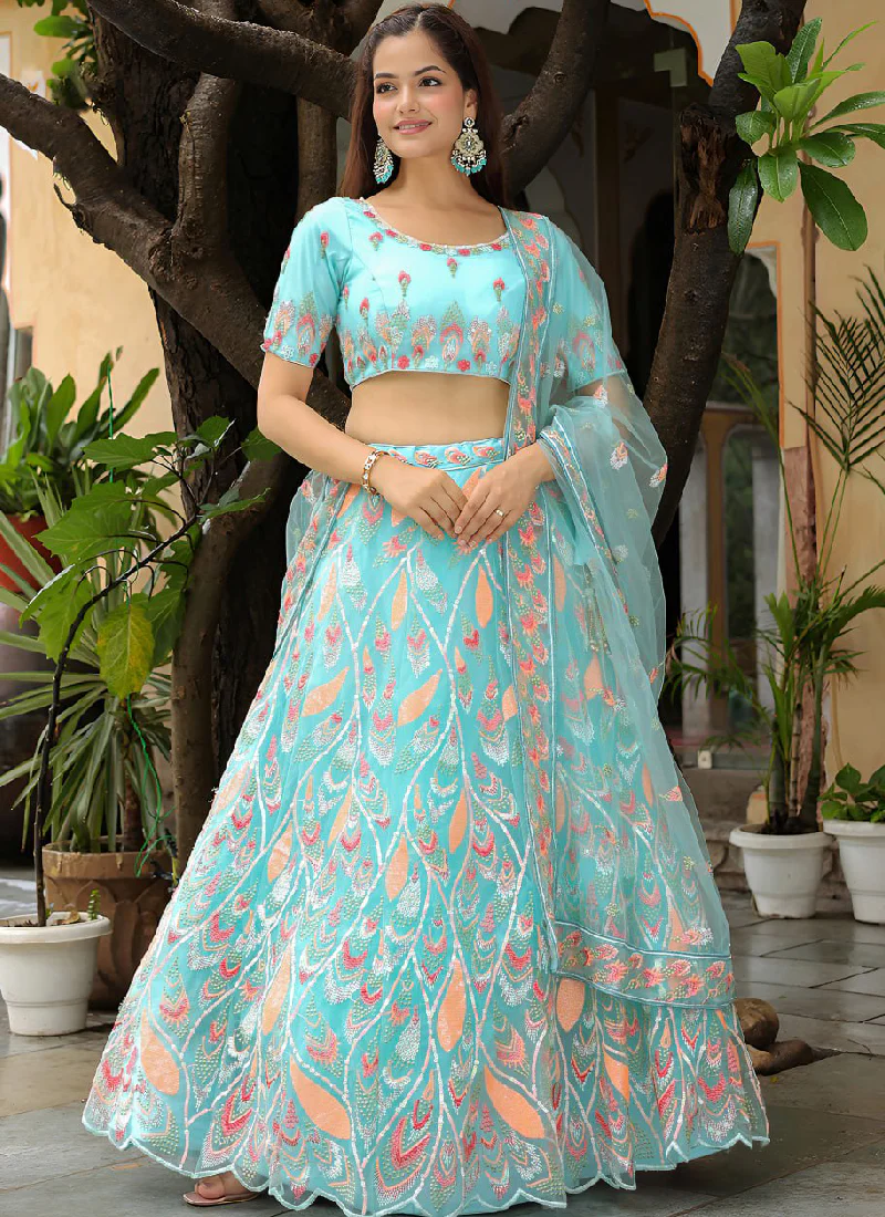 Charismatic Thread Embroidered Net Sky Blue Lehenga Choli For Women - Image 6