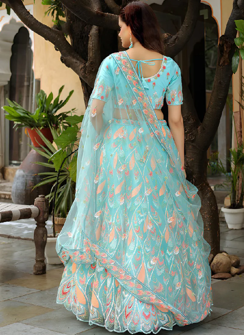 Charismatic Thread Embroidered Net Sky Blue Lehenga Choli For Women - Image 7