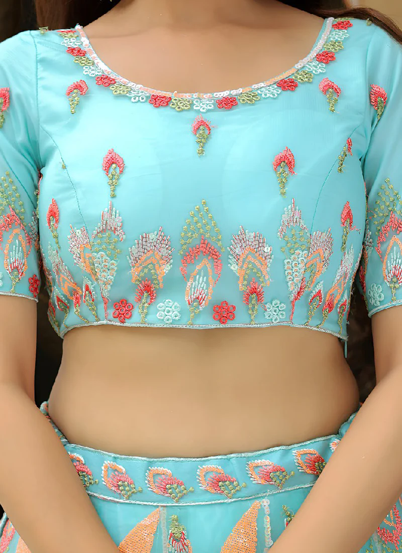 Charismatic Thread Embroidered Net Sky Blue Lehenga Choli For Women - Image 8