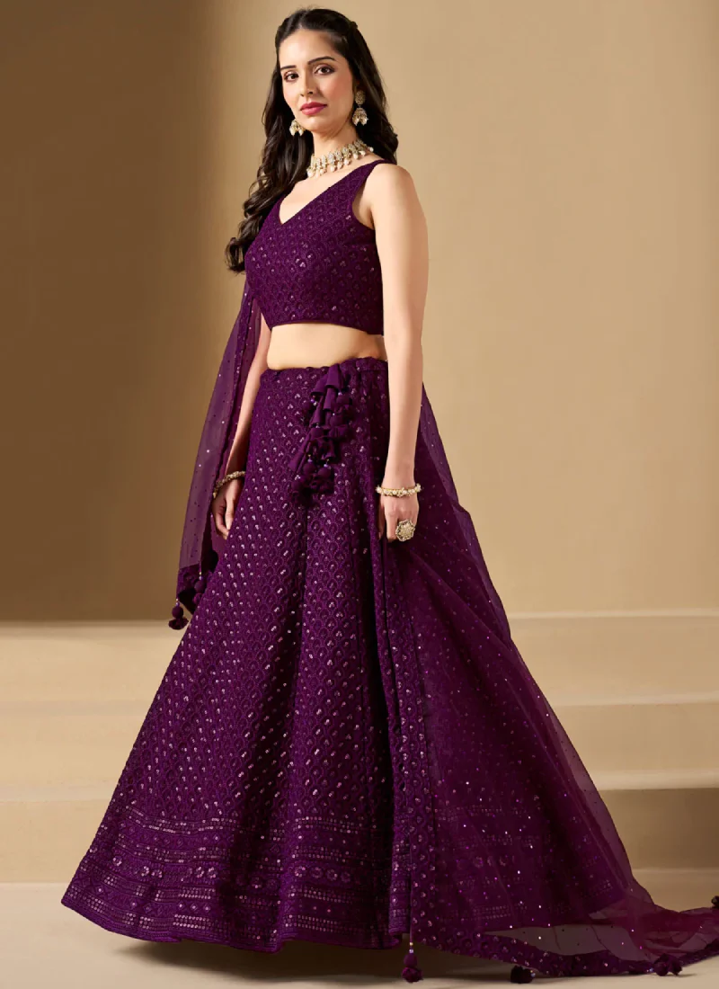 Charismatic Thread Work Georgette Wine Lehenga Choli With Dupatta - Image 3