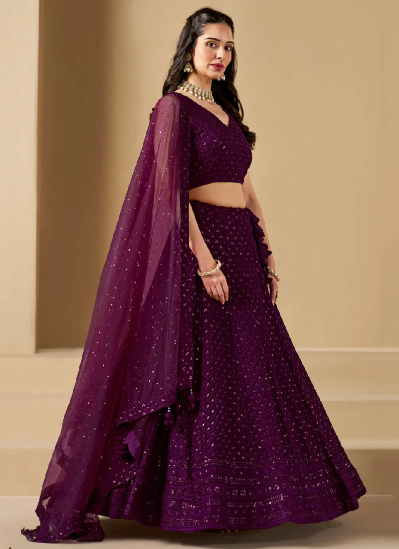 Charismatic Thread Work Georgette Wine Lehenga Choli With Dupatta - Image 4
