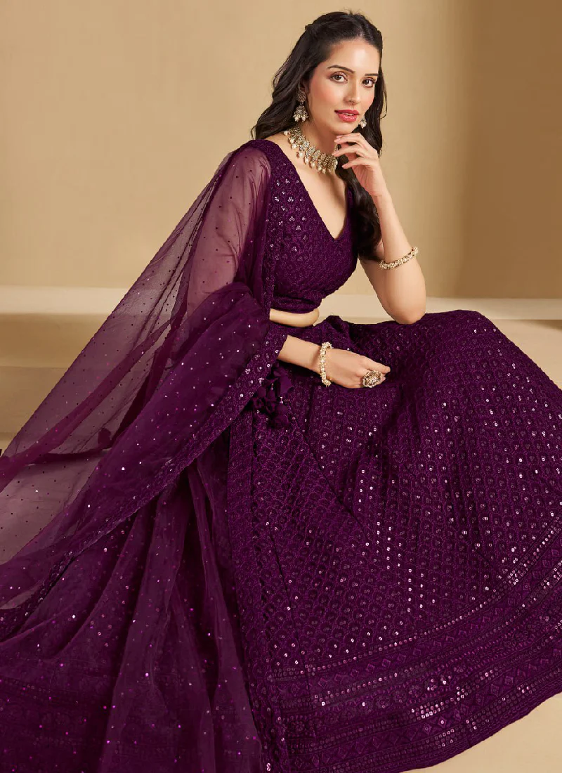 Charismatic Thread Work Georgette Wine Lehenga Choli With Dupatta - Image 5