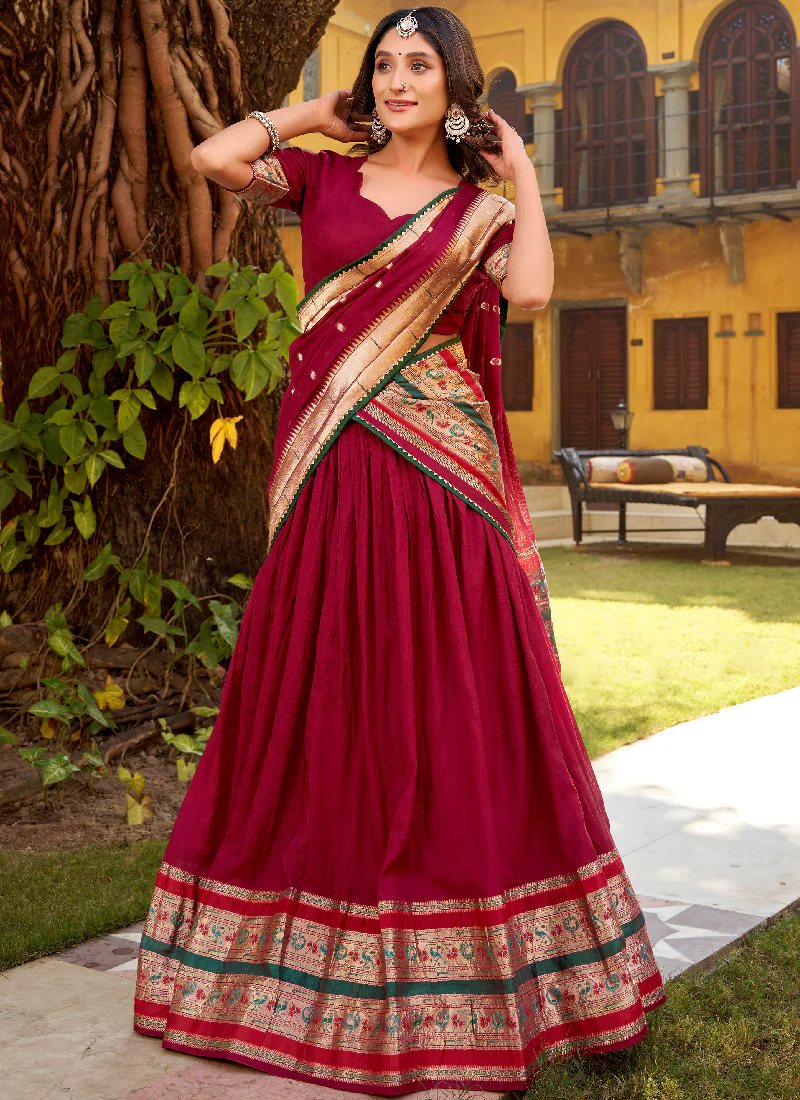 Charismatic Zari Weaving Pure Chanderi Maroon Half Saree Lehenga Choli - Image 4