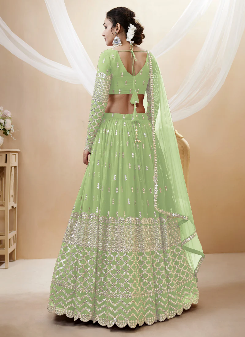 Charming Georgette Pista Green Embroidered Work Lehenga Choli - Image 3