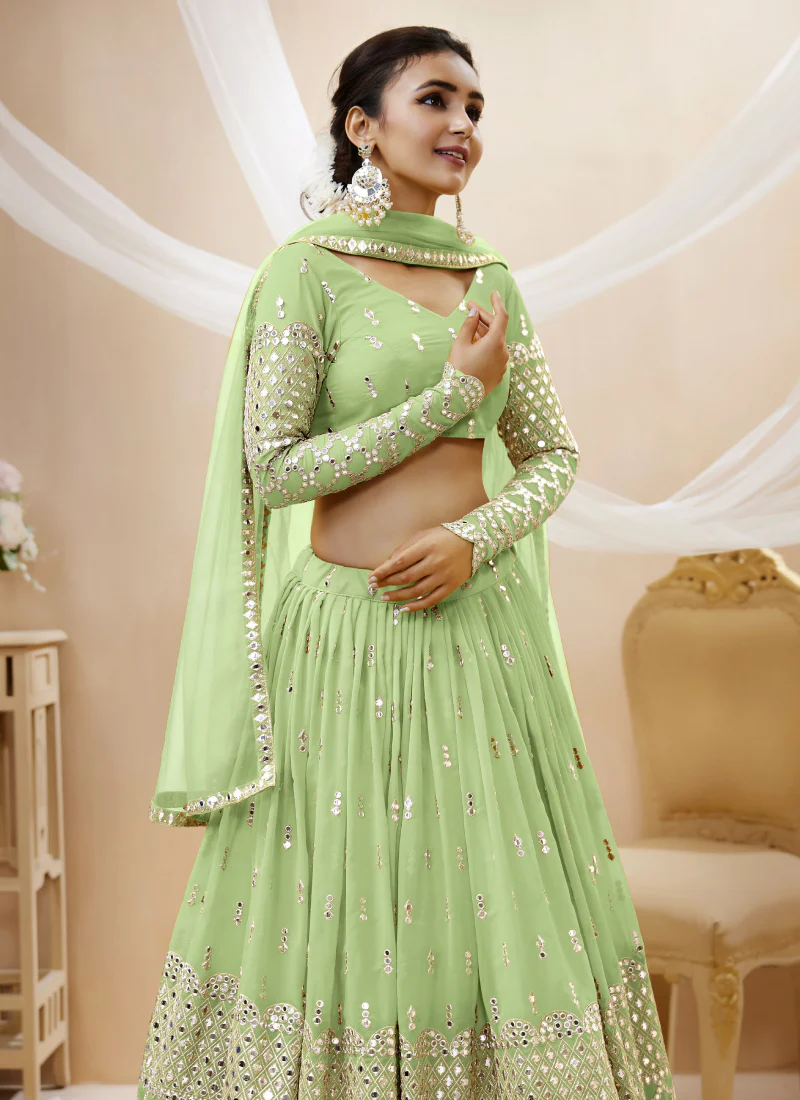 Charming Georgette Pista Green Embroidered Work Lehenga Choli - Image 4