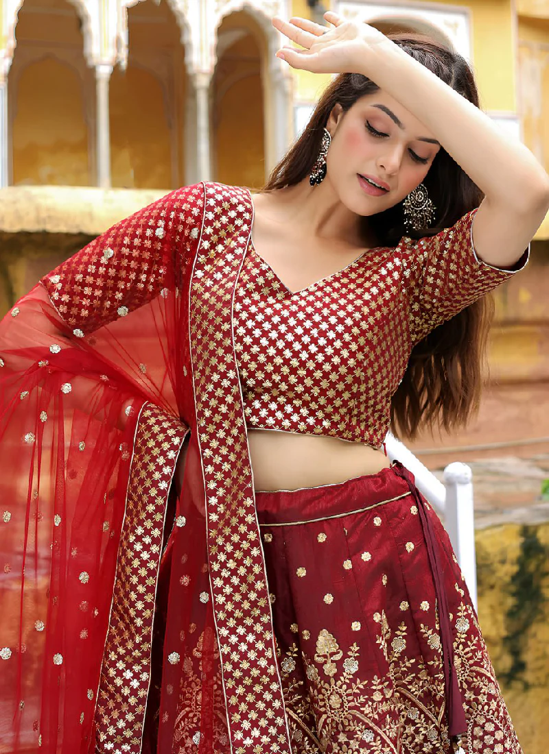 Charming Raw Silk Heavy Embroidered Wedding Wear Maroon Lehenga Choli - Image 3