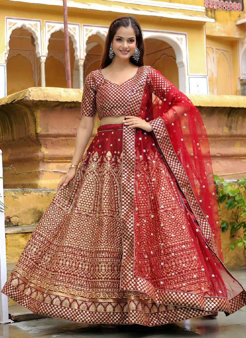 Charming Raw Silk Heavy Embroidered Wedding Wear Maroon Lehenga Choli - Image 5