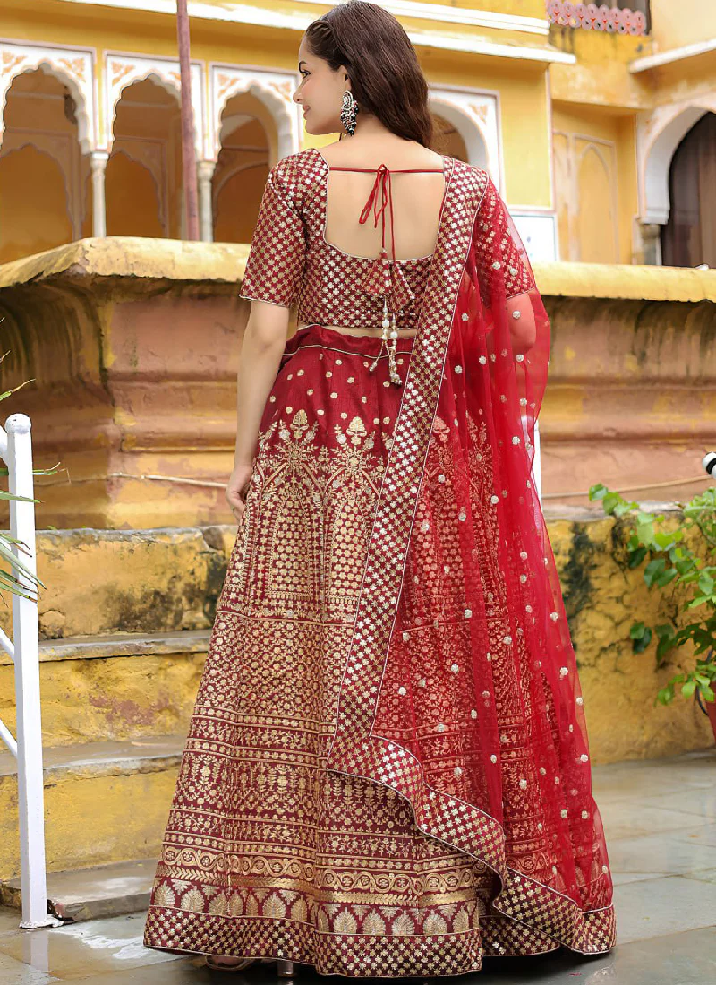 Charming Raw Silk Heavy Embroidered Wedding Wear Maroon Lehenga Choli - Image 7
