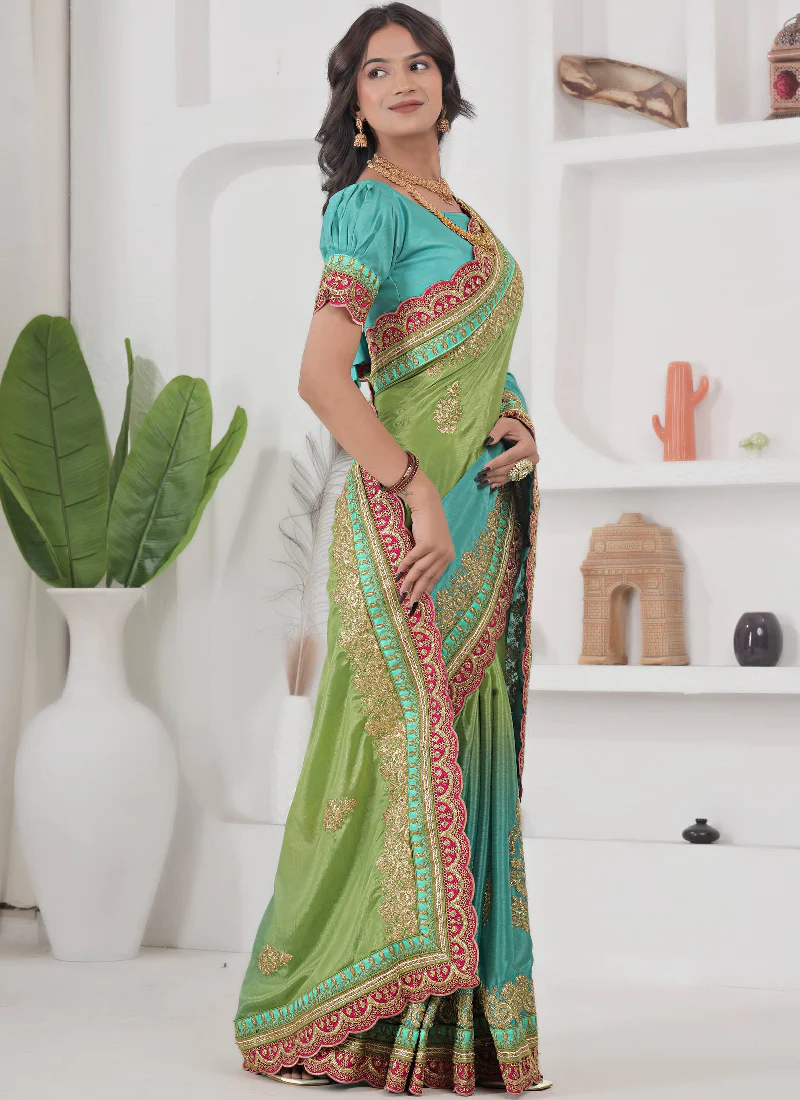 Chinon Silk Coding Work Parrot Green Wedding Wear Saree With Blouse - Image 3