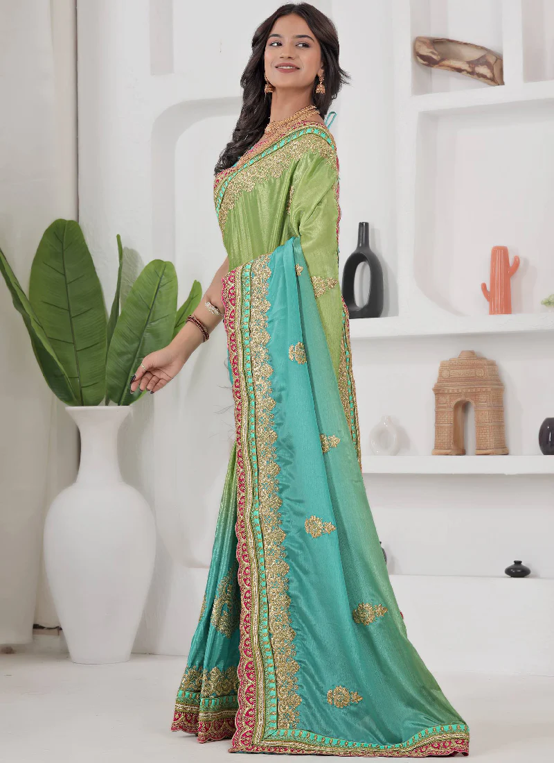 Chinon Silk Coding Work Parrot Green Wedding Wear Saree With Blouse - Image 4