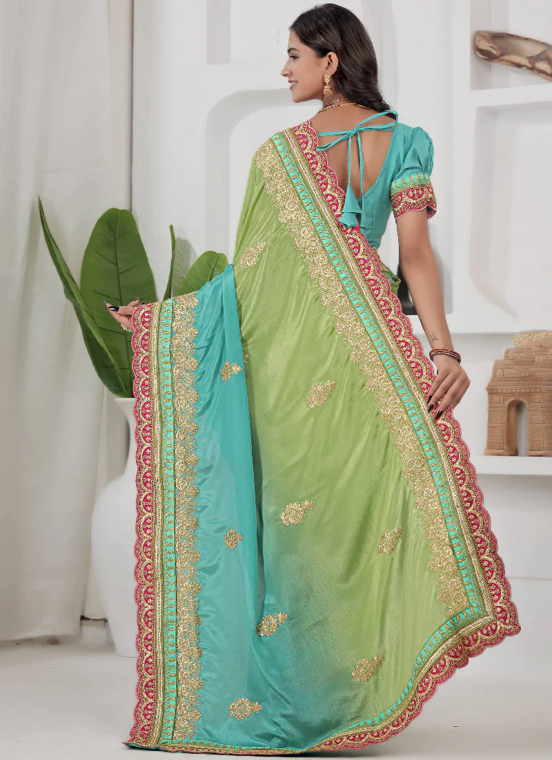 Chinon Silk Coding Work Parrot Green Wedding Wear Saree With Blouse - Image 5