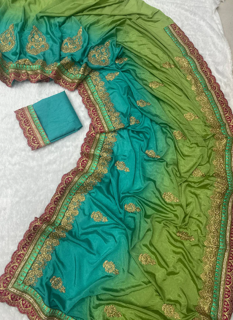 Chinon Silk Coding Work Parrot Green Wedding Wear Saree With Blouse - Image 6