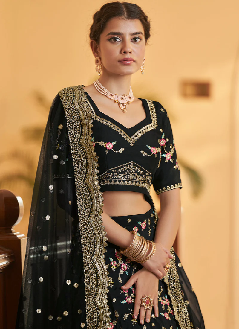 Chinon Silk Multi Thread Work Designer Black Lehenga Choli - Image 3