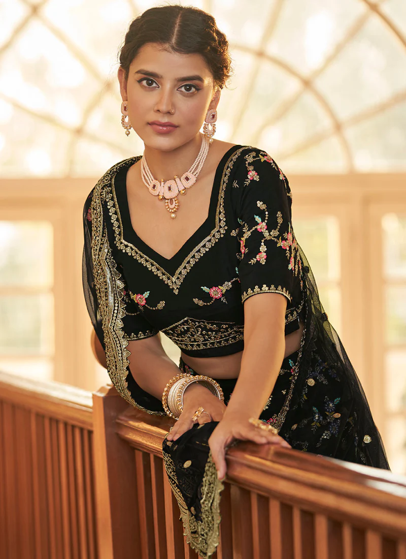 Chinon Silk Multi Thread Work Designer Black Lehenga Choli - Image 4