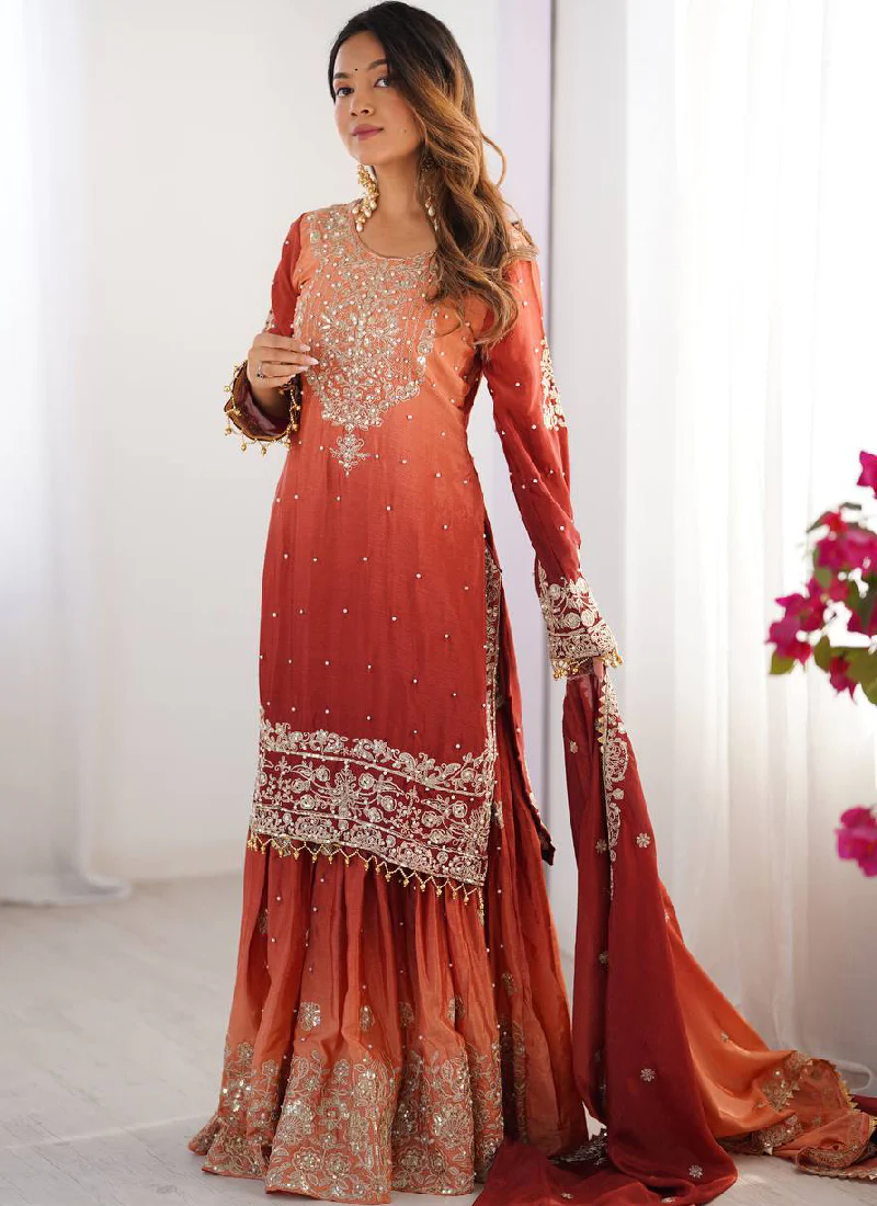 Chinon Silk Wedding Wear Shaded Embroidered Work Top With Bottom - Image 3