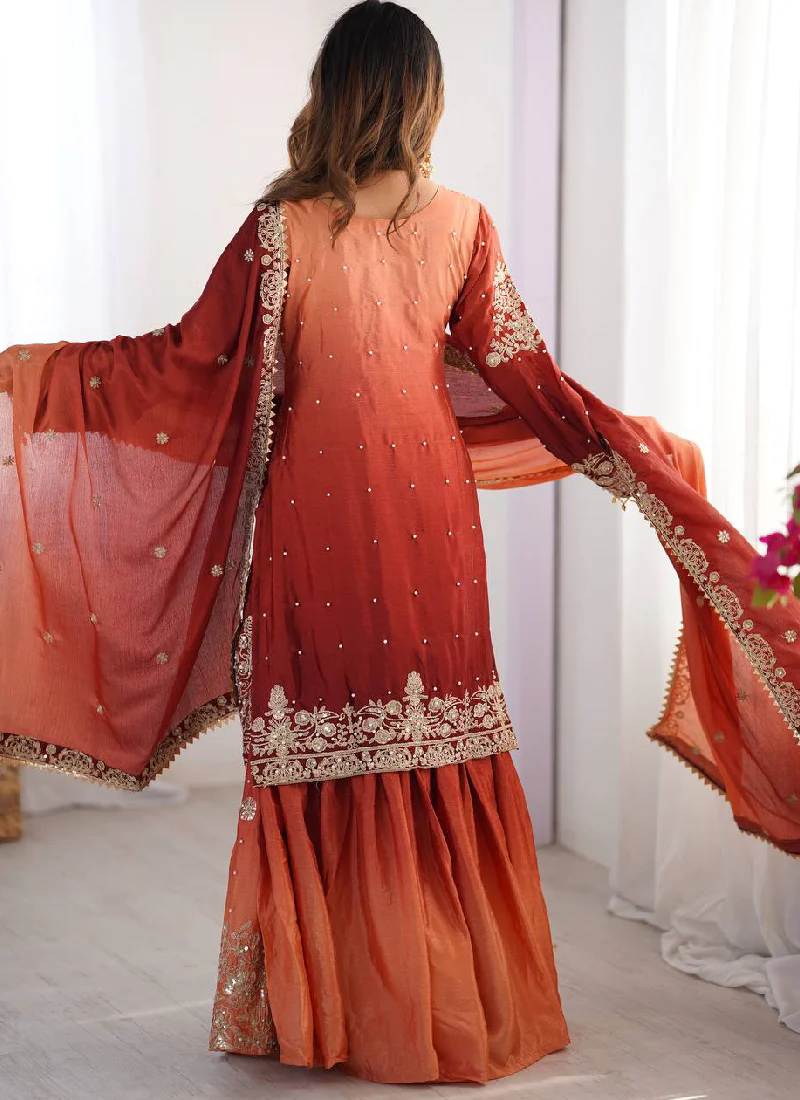 Chinon Silk Wedding Wear Shaded Embroidered Work Top With Bottom - Image 4