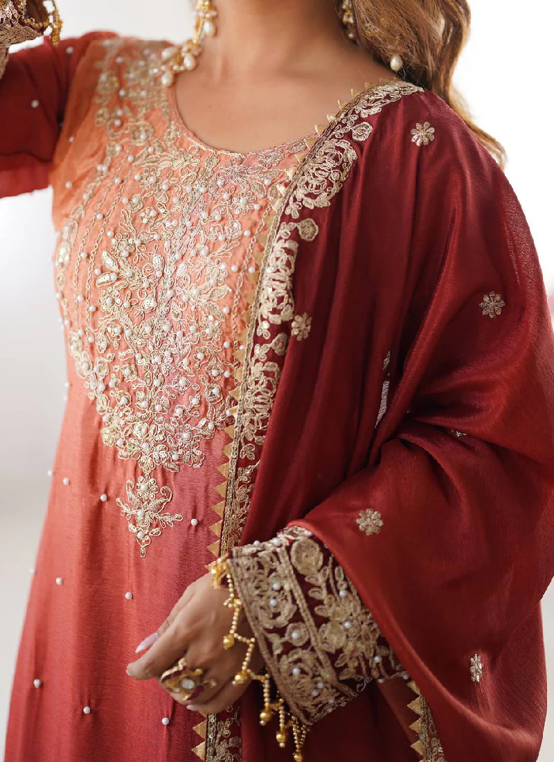 Chinon Silk Wedding Wear Shaded Embroidered Work Top With Bottom - Image 5