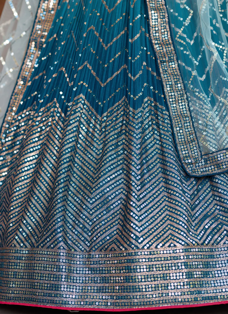 Chinon Silk Zari Embroidered Work Designer Teal Blue Lehenga Choli - Image 10