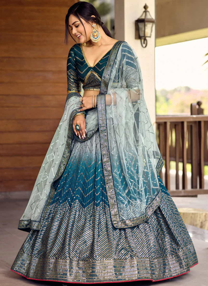 Chinon Silk Zari Embroidered Work Designer Teal Blue Lehenga Choli - Image 3