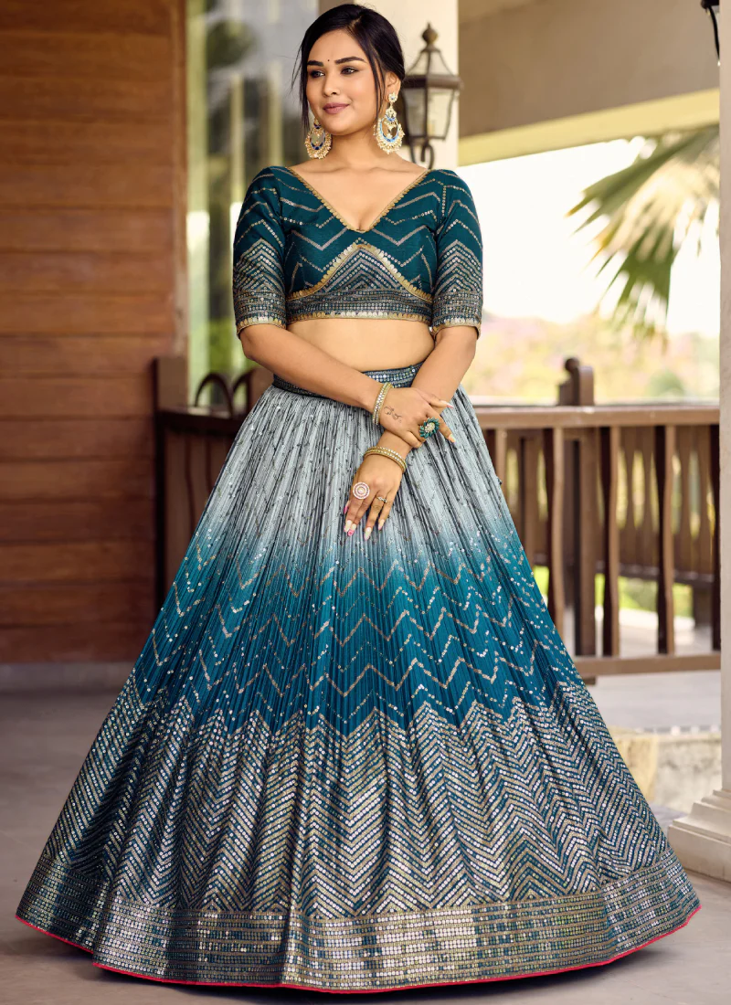 Chinon Silk Zari Embroidered Work Designer Teal Blue Lehenga Choli - Image 5