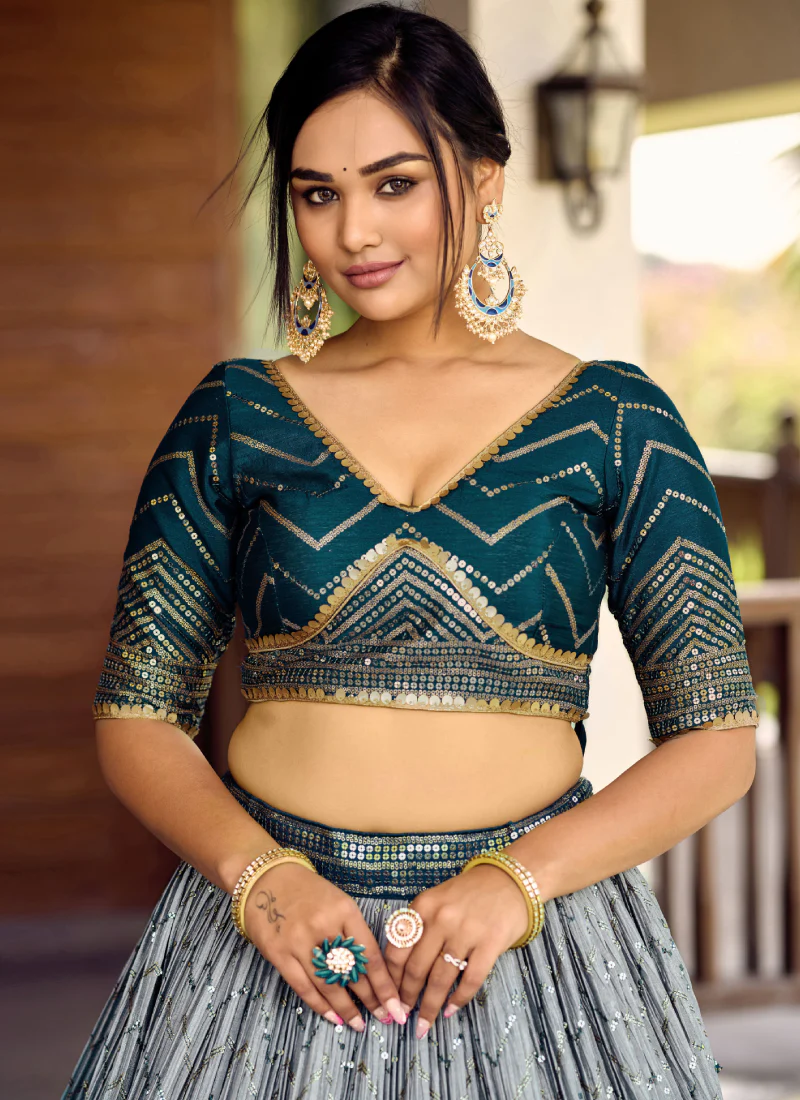 Chinon Silk Zari Embroidered Work Designer Teal Blue Lehenga Choli - Image 7