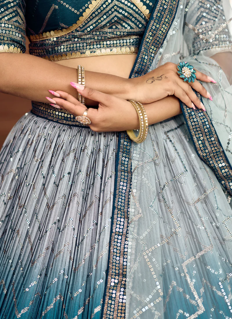 Chinon Silk Zari Embroidered Work Designer Teal Blue Lehenga Choli - Image 9