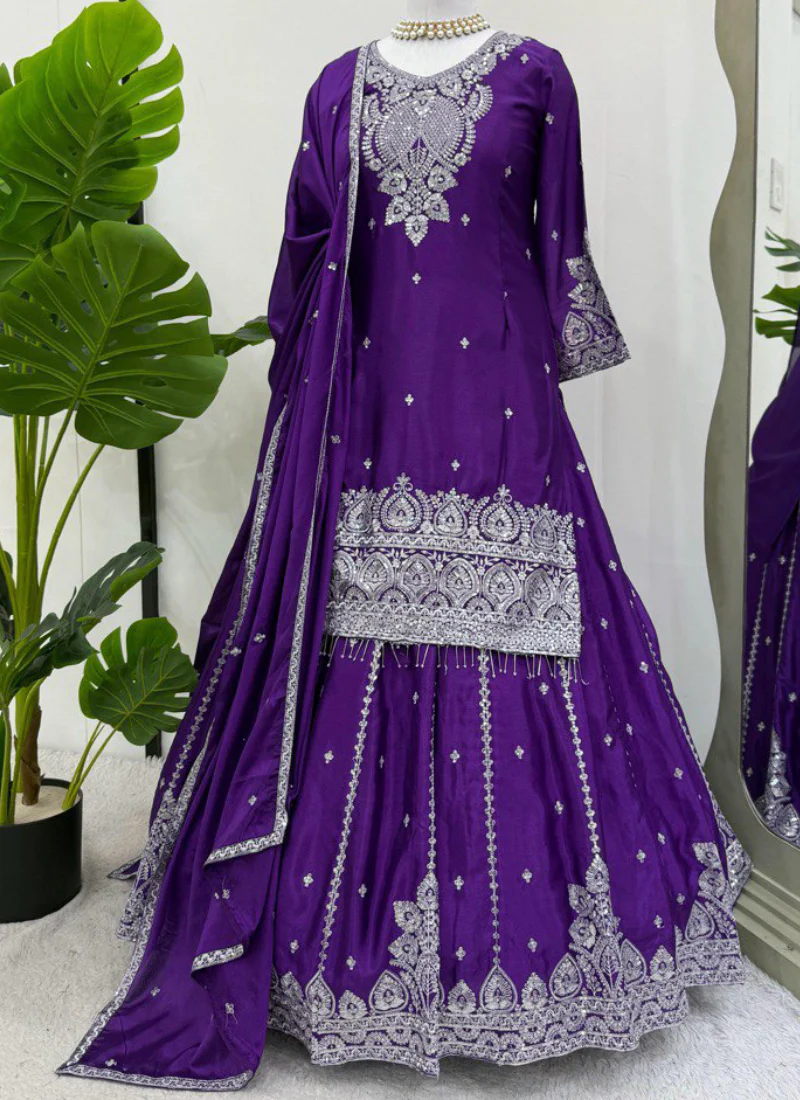 Chinon Silk Zari Sequence Work Purple Lehenga With Short Kurta Set - Image 3