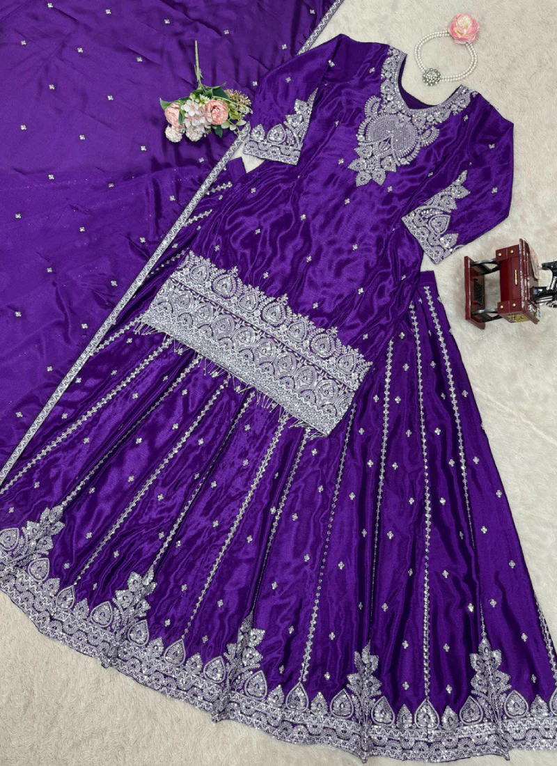 Chinon Silk Zari Sequence Work Purple Lehenga With Short Kurta Set - Image 4