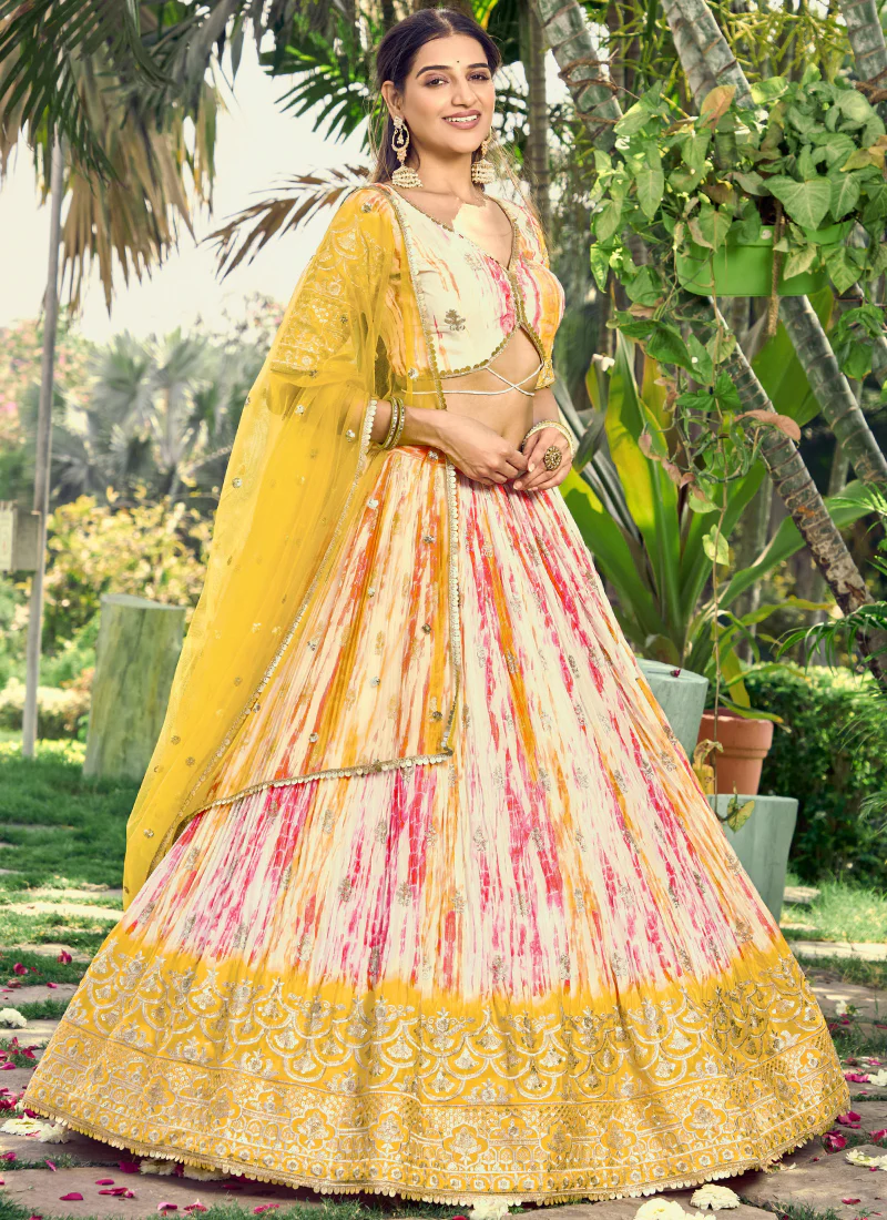 Chinon Zari Work Shibori Printed White And Yellow Haldi Lehenga Choli - Image 2