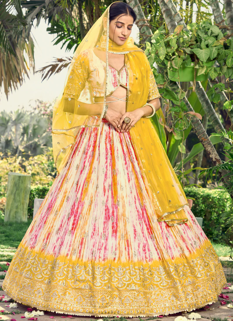 Chinon Zari Work Shibori Printed White And Yellow Haldi Lehenga Choli - Image 4