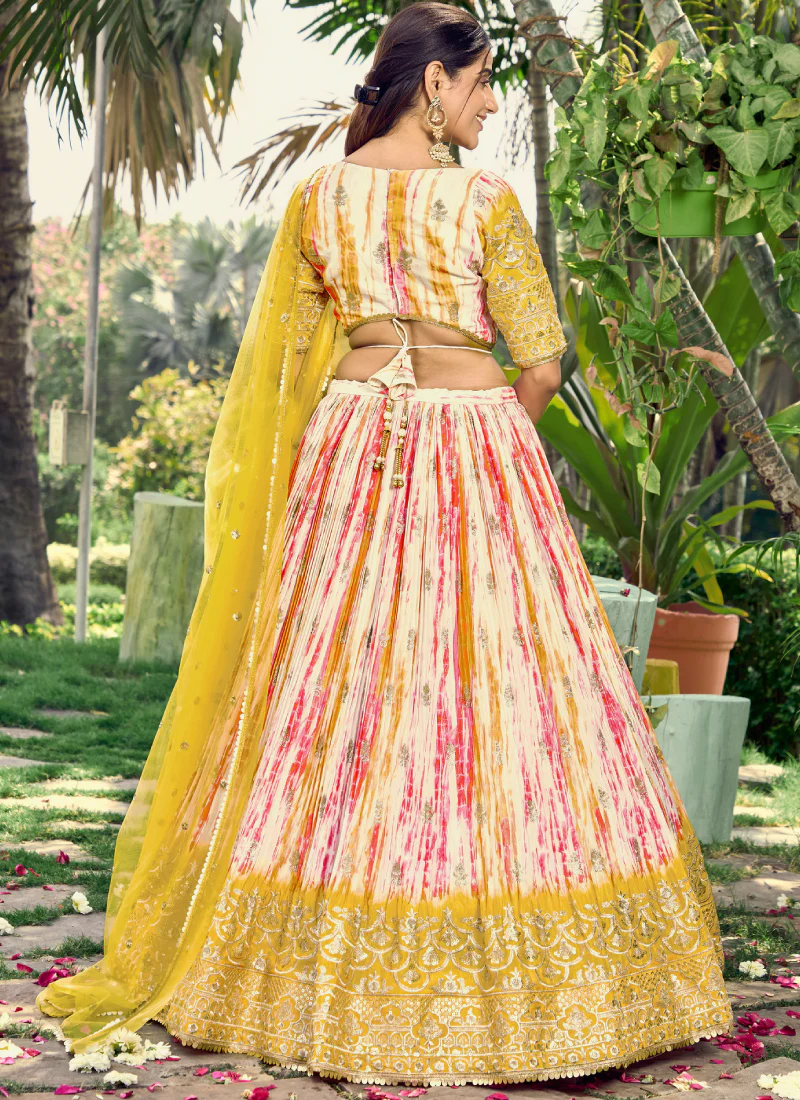 Chinon Zari Work Shibori Printed White And Yellow Haldi Lehenga Choli - Image 5