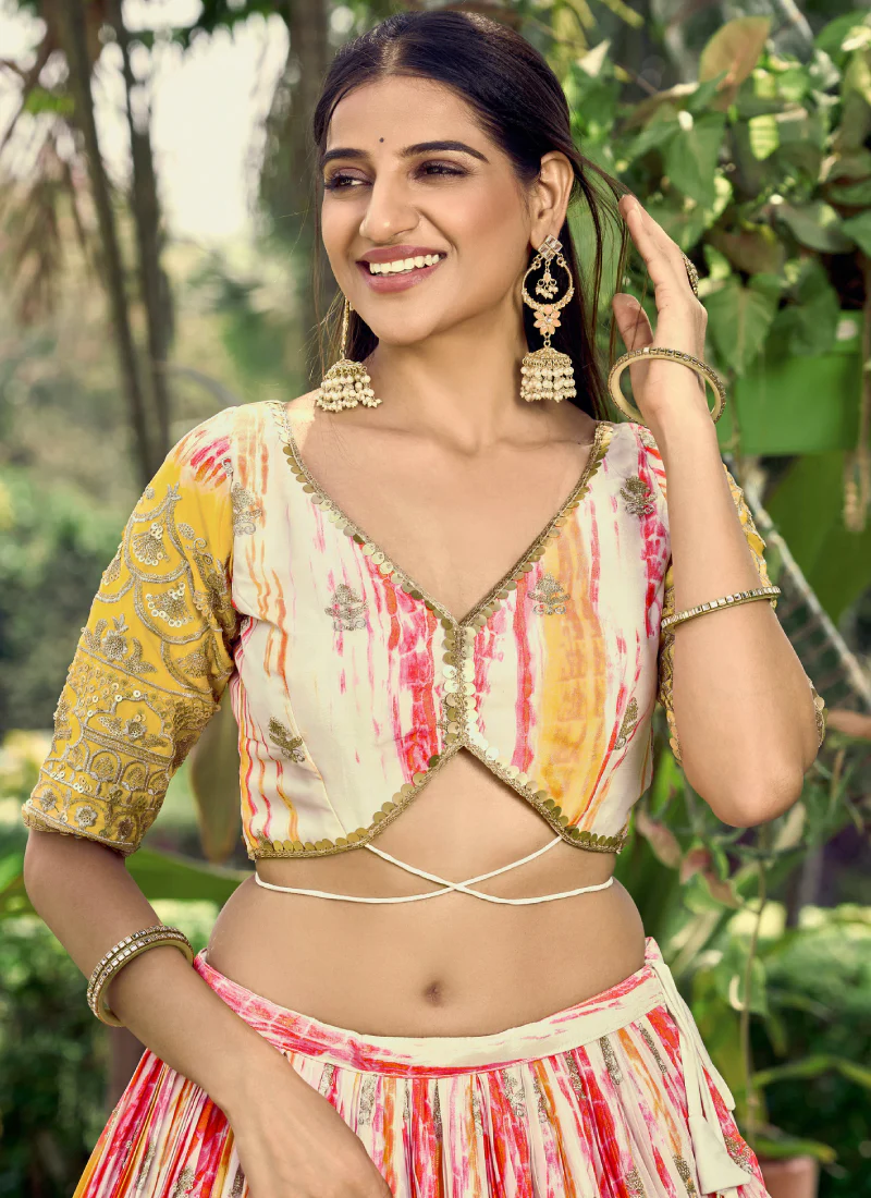 Chinon Zari Work Shibori Printed White And Yellow Haldi Lehenga Choli - Image 6