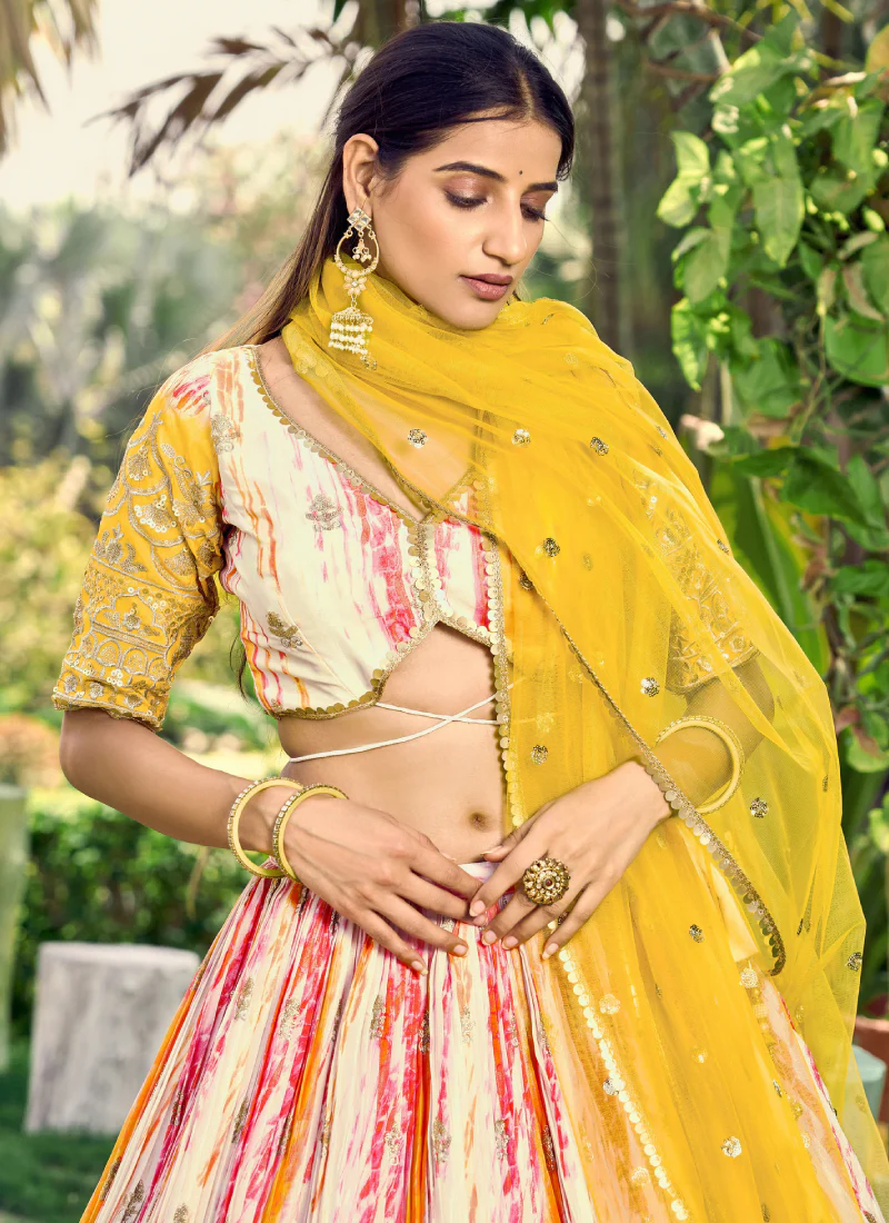 Chinon Zari Work Shibori Printed White And Yellow Haldi Lehenga Choli - Image 7