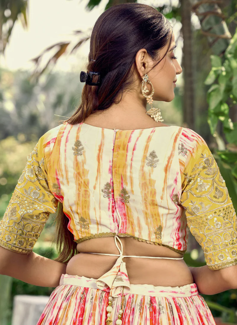 Chinon Zari Work Shibori Printed White And Yellow Haldi Lehenga Choli - Image 8