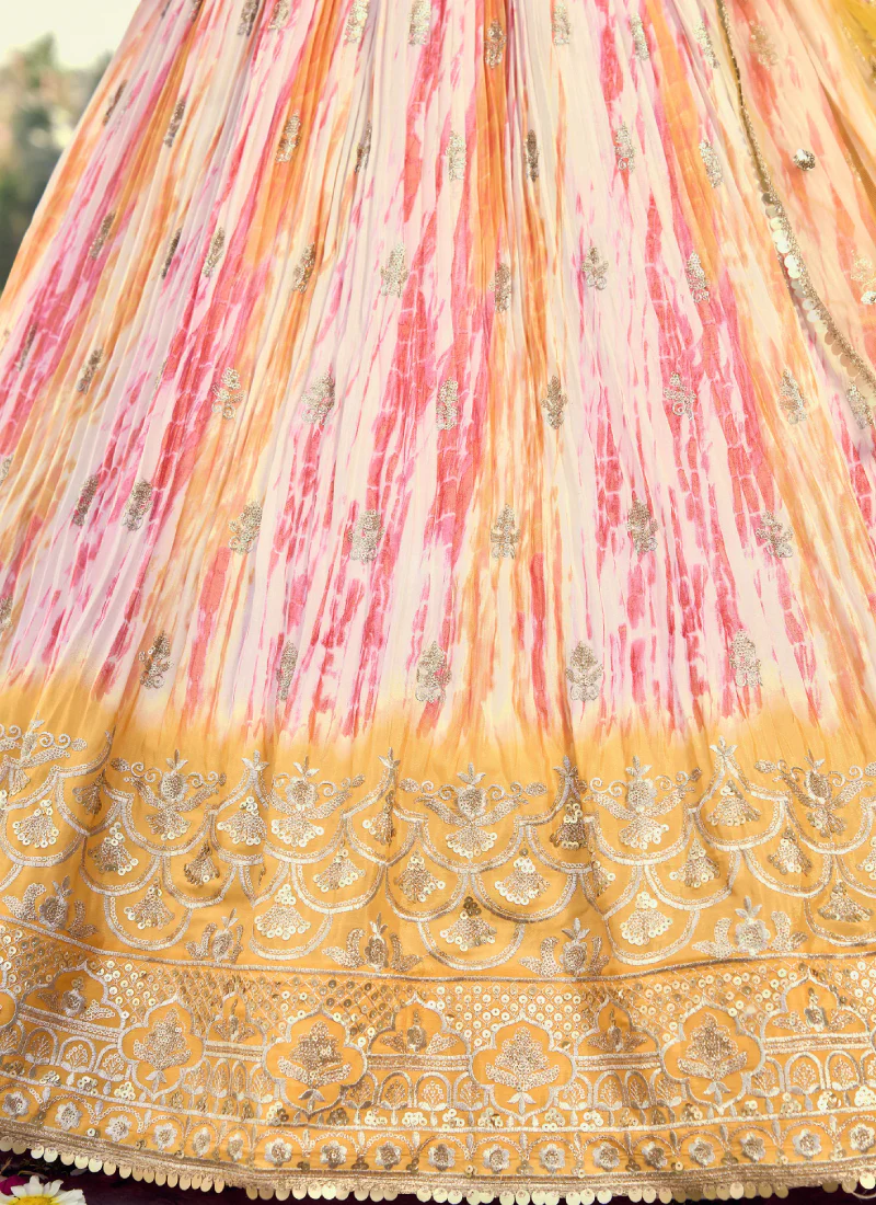 Chinon Zari Work Shibori Printed White And Yellow Haldi Lehenga Choli - Image 9
