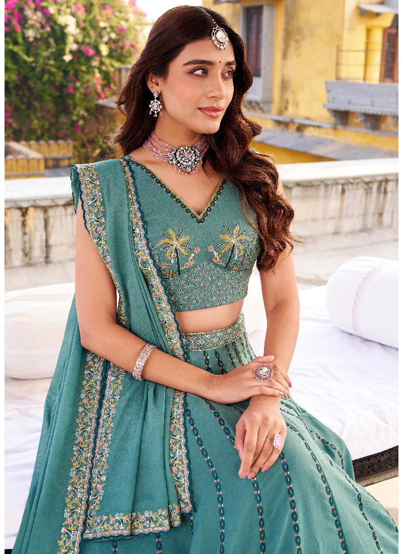 Chocolate Crush Thread Embroidered Sky Blue Lehenga Choli With Dupatta - Image 2