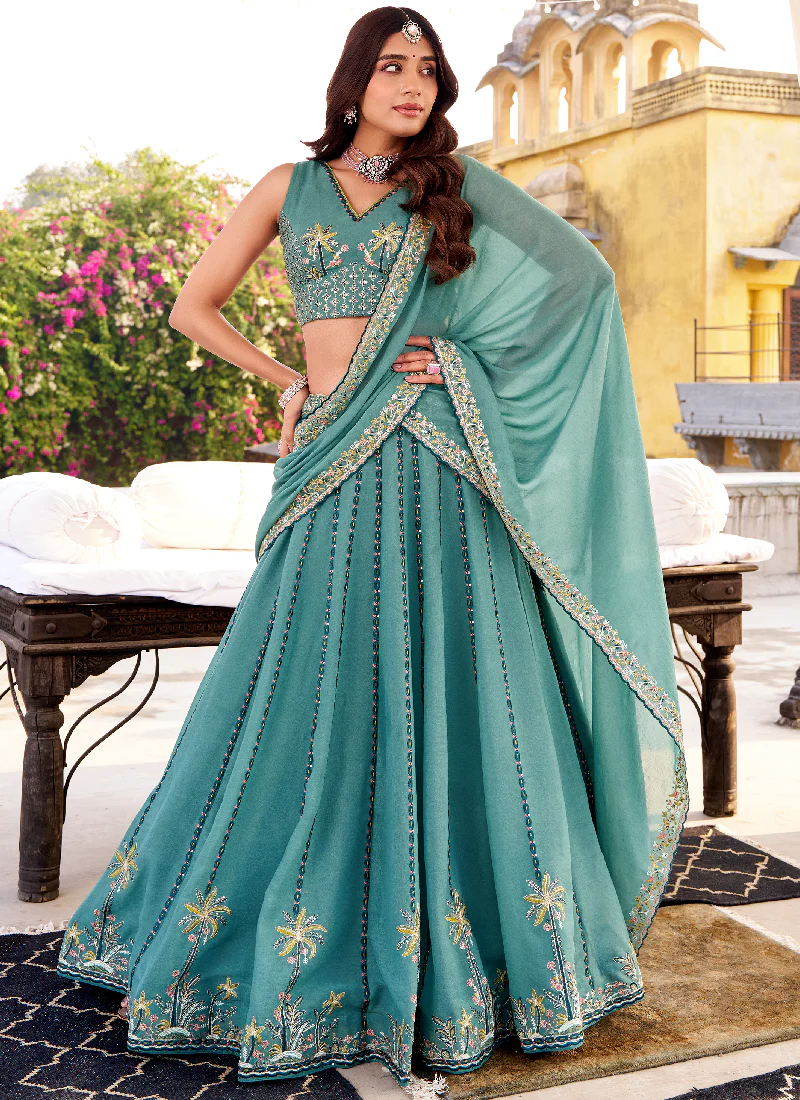 Chocolate Crush Thread Embroidered Sky Blue Lehenga Choli With Dupatta - Image 3